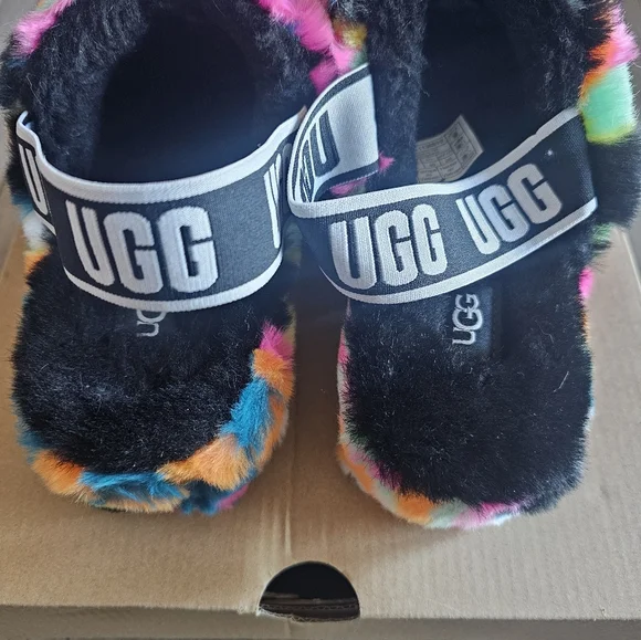UGG NEW! fluff yeah slides furry wool uggs sandals slippers elastic heel strap